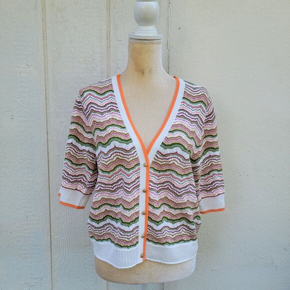 Veronica Beard knit button front cardigan  multi colored Shrt Slv Sz XL Preppy - Picture 1 of 4